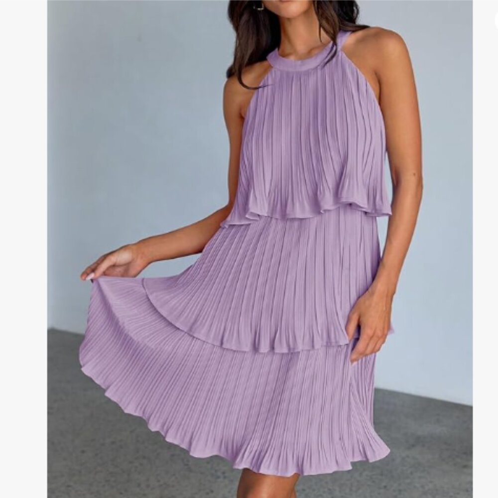 NWT Lilac Pleated Tiered Dress – Sleeveless Halter Neck - Picture 4 of 6